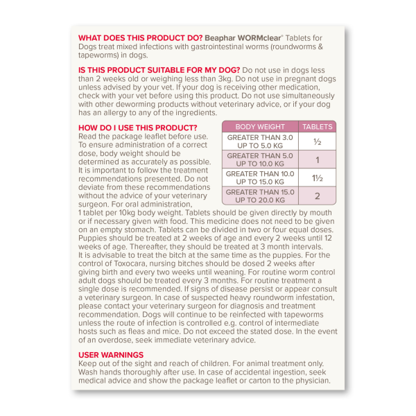 Beaphar Wormclear Dogs - 20kg (2 Tablets)